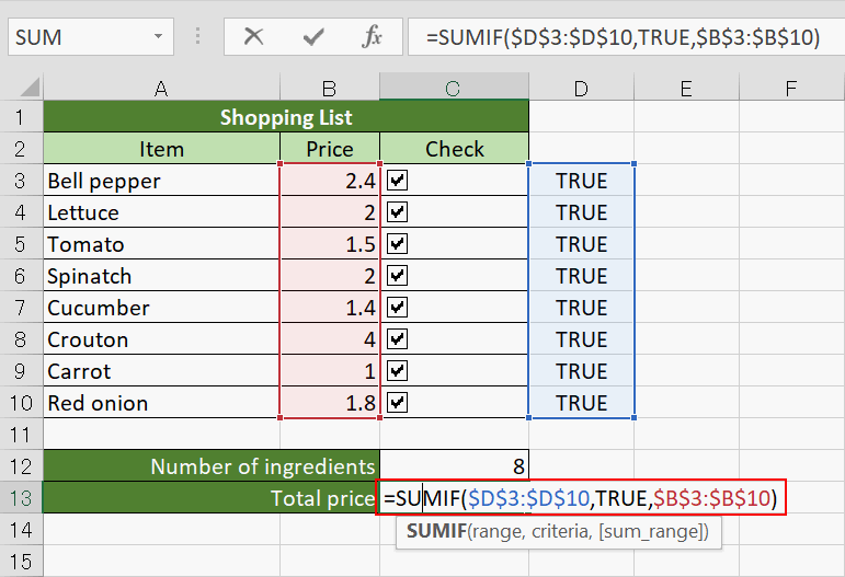 Total price of checked ingredients