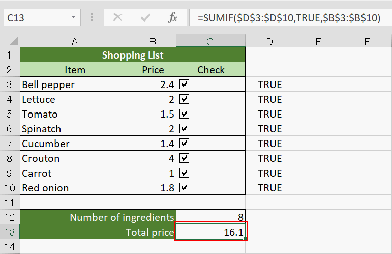 Total price of checked ingredients