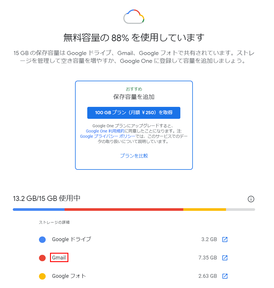 Gmailの容量の確認