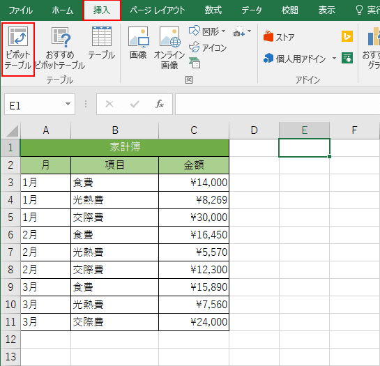 挿入タブからピボットテーブルメニューを選択する