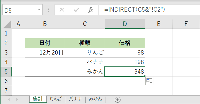 INDIRECT関数の結果