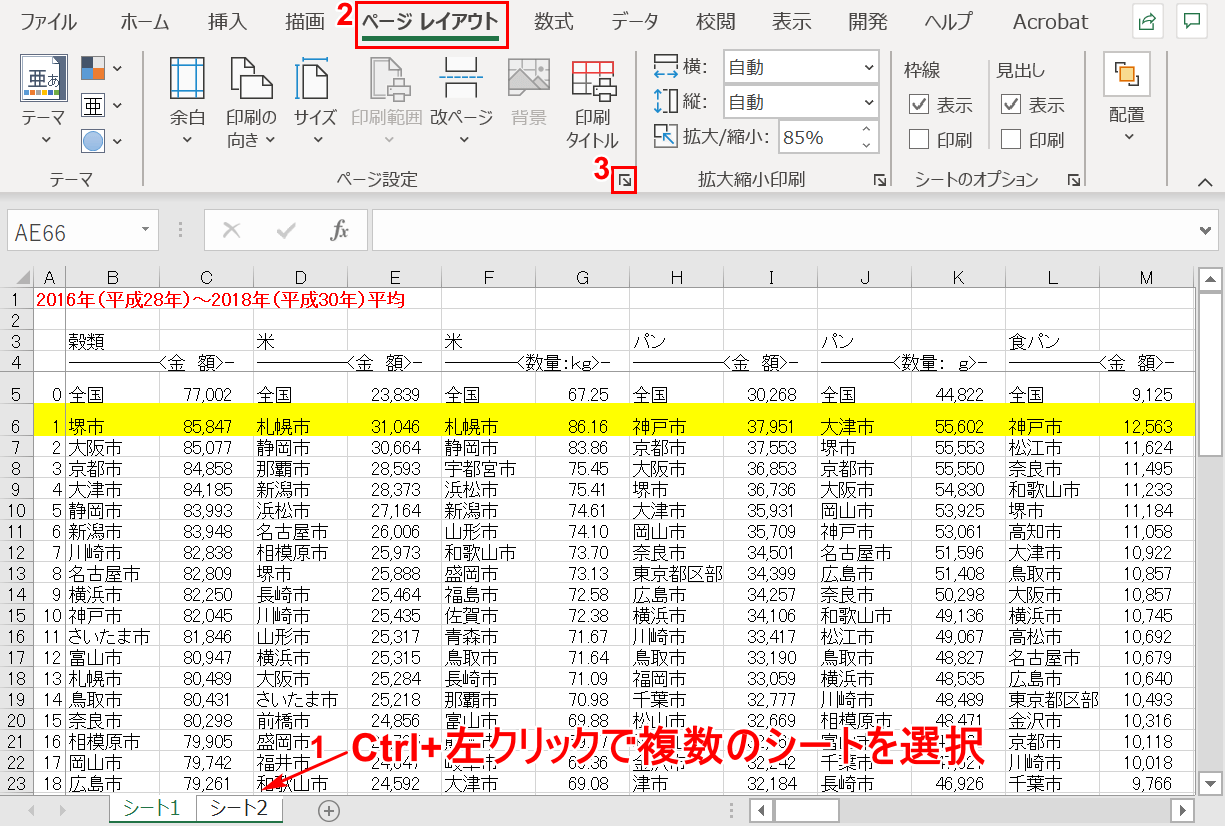 「ページ設定」ダイアログボックス起動ツールの選択