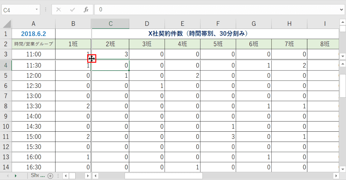 十字の中央にカーソル