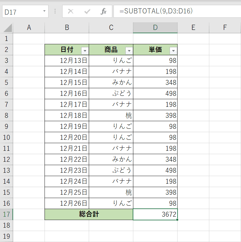 SUBTOTAL関数の結果