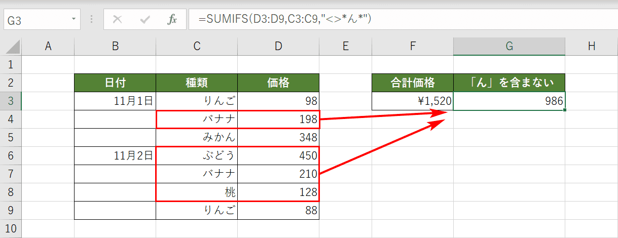 含まない条件の結果