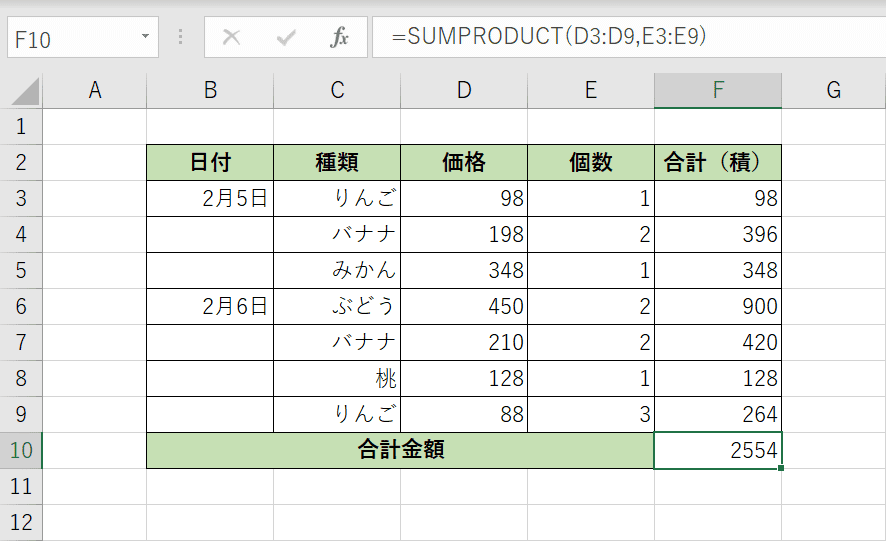 SUMPRODUCT関数の計算結果
