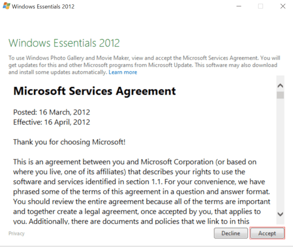 Windows Essentials 2012ダイアログボックスが表示されます
