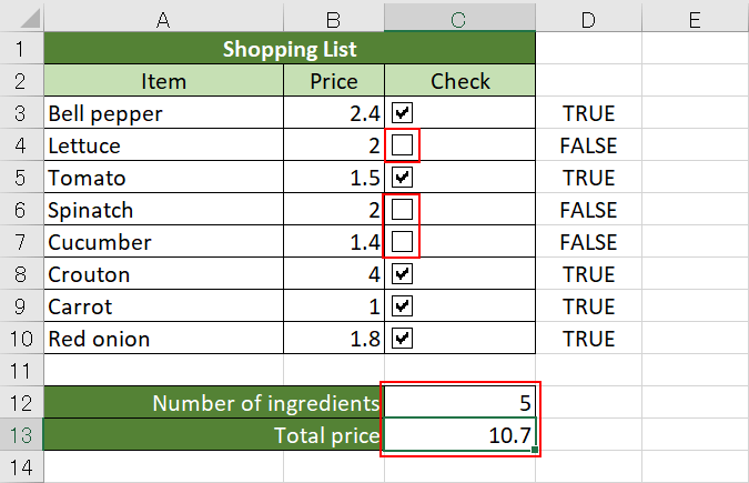Total price of checked ingredients