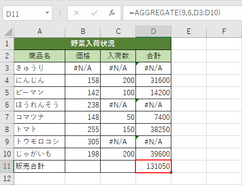 AGGREGATE関数の結果