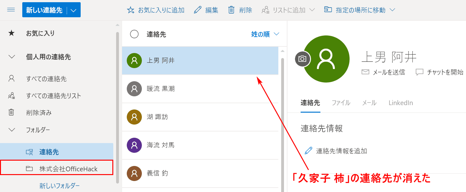 選択した連絡先が消えた