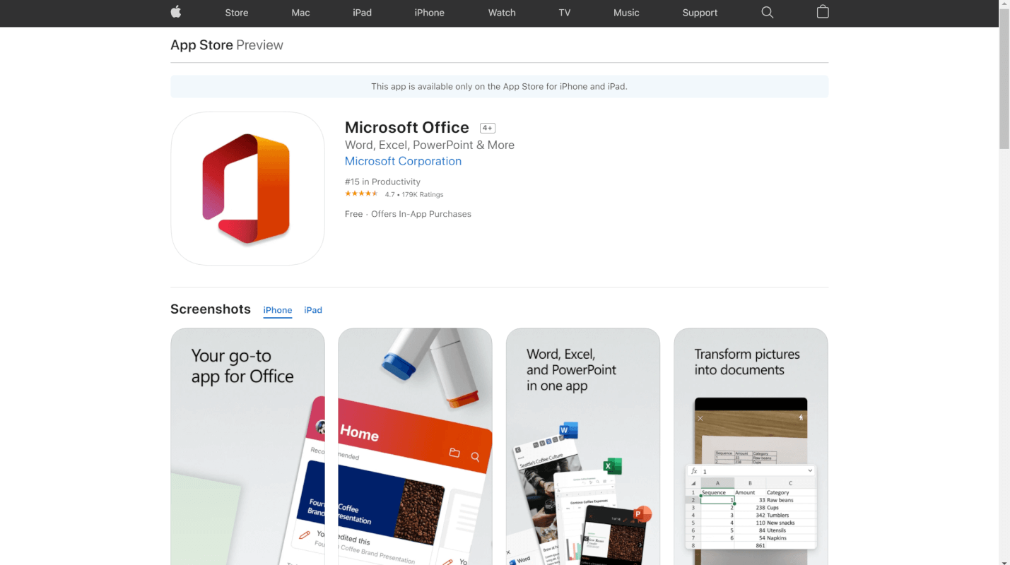 AppStoreのOfficeアプリのページ
