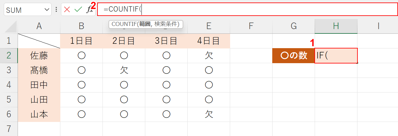 COUNTIF関数を入力する