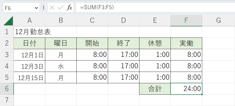 SUM関数で時間の足し算ができた