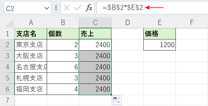 絶対参照が必要のないところに設定されている