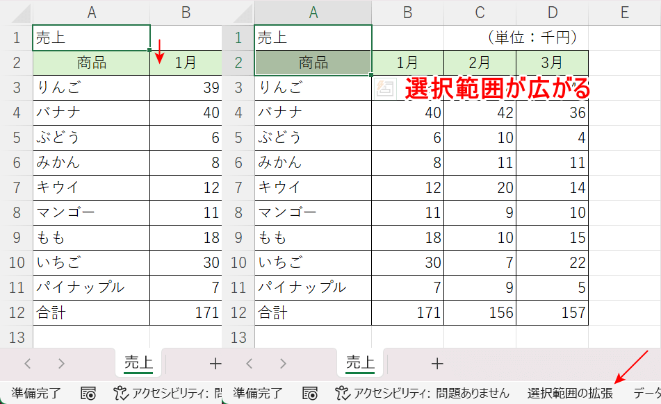 選択範囲の拡張モードがオンになっている場合