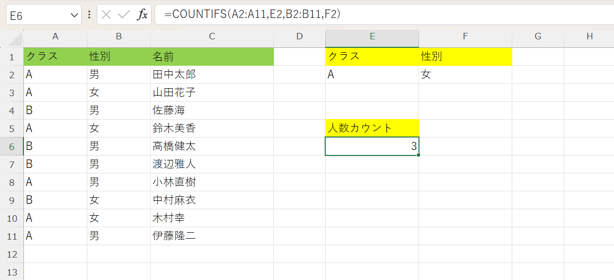 COUNTIFS関数で人数を数えている