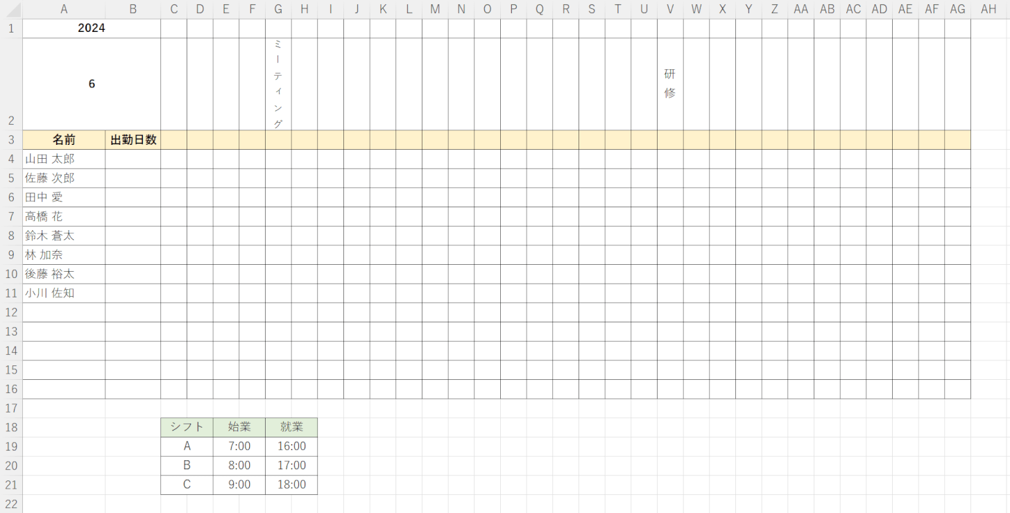 シフトの枠組みを作成する