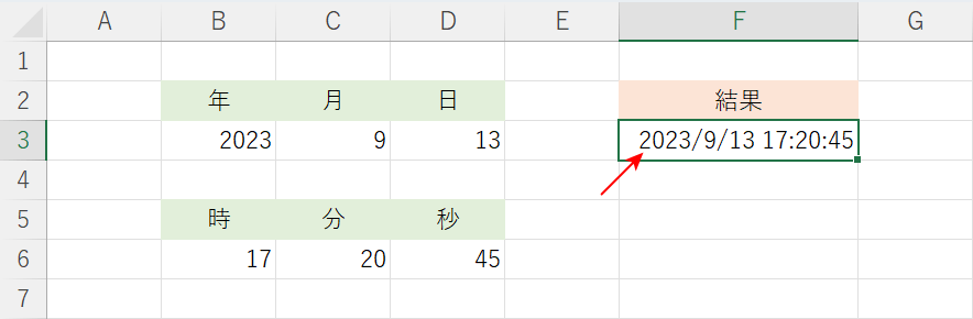 DATE関数とTIME関数の結合の結果