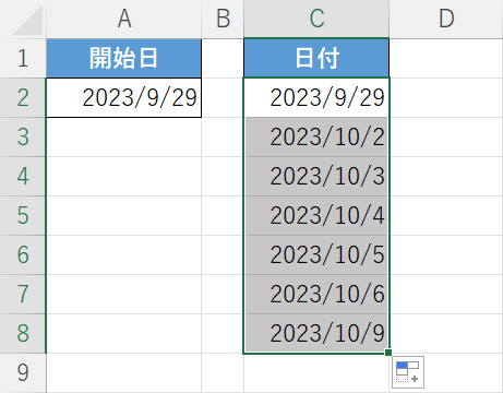 土日を抜かした一週間分の日付が表示される
