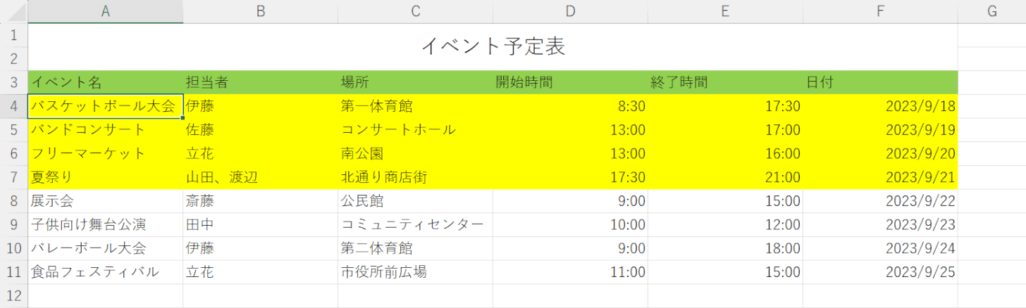 条件に該当する日付を含む行が色づいた