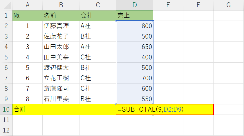 SUBTOTAL関数を入力する