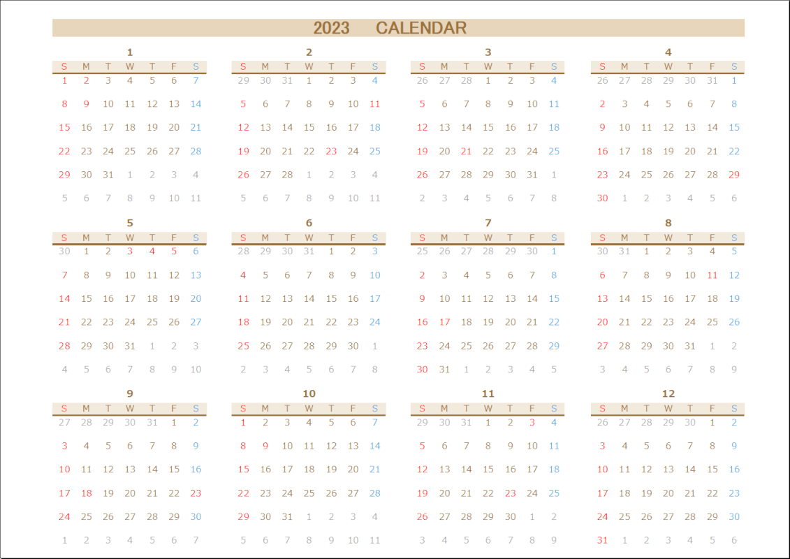 祝日に対応している年間カレンダーの印刷例