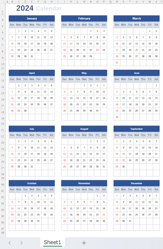 青いデザインの年間カレンダー