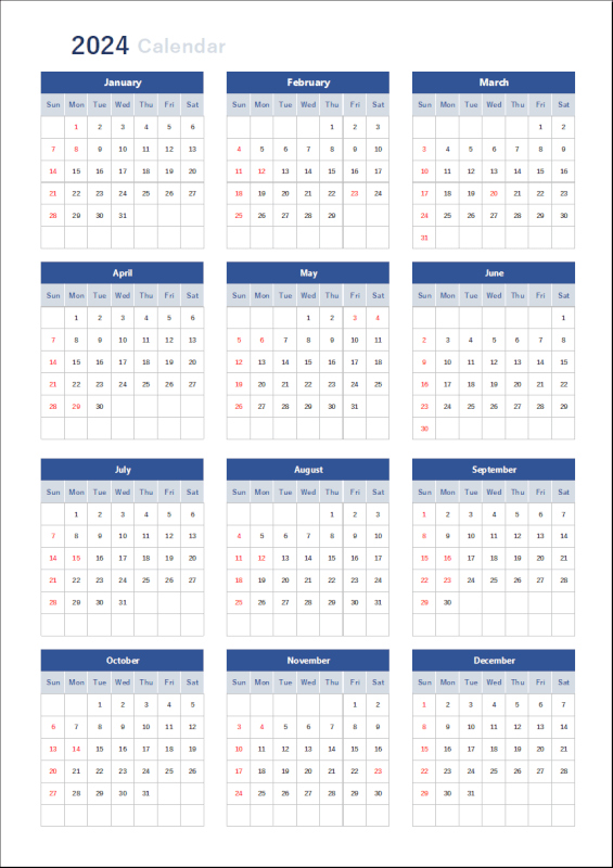 青いデザインの年間カレンダーの印刷例