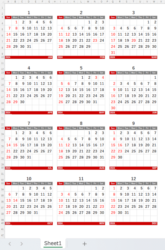 赤いデザインの年間カレンダー