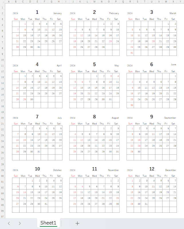 シンプルな年間カレンダー