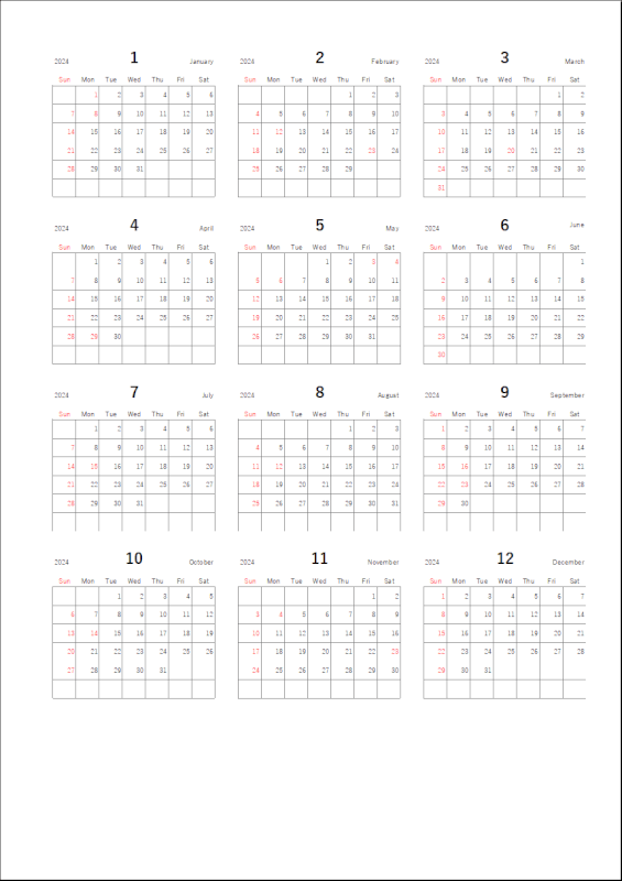 シンプルなデザインの年間カレンダーの印刷例