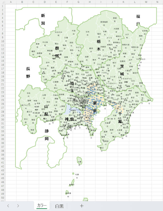 関東地方の市町村地図に色塗りする無料テンプレート