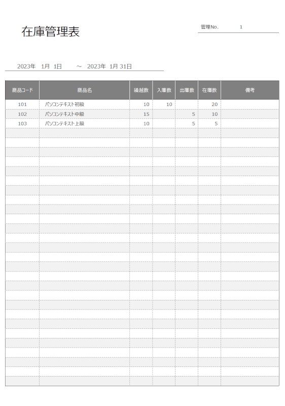 複数の物品を管理するテンプレート