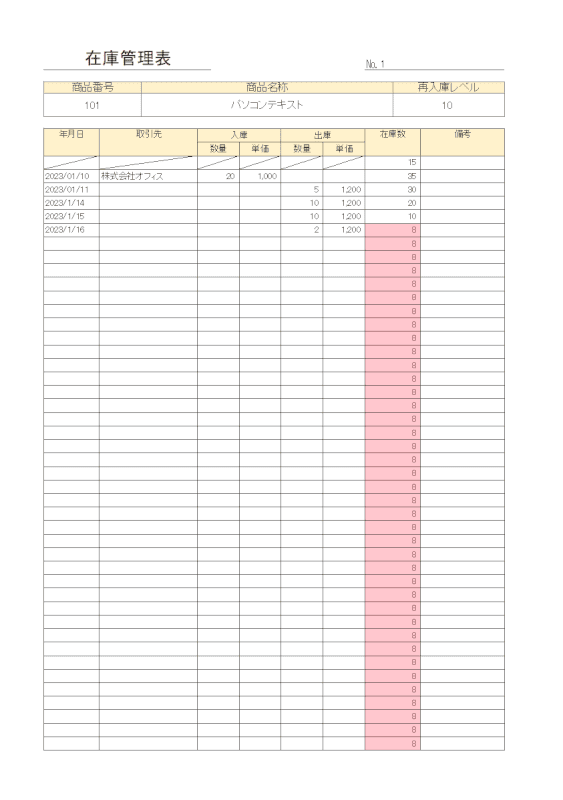 再注文が必要な物品が分かる在庫管理エクセルテンプレートの入力例