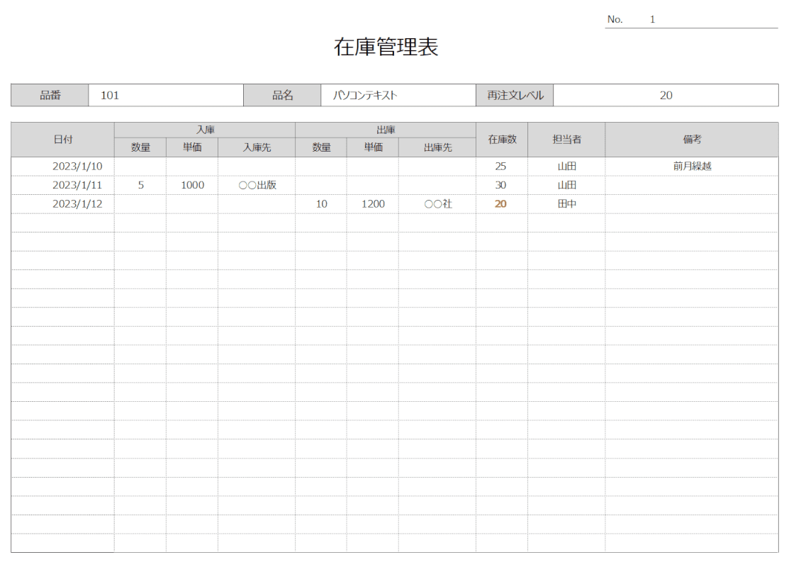 横向きの在庫管理エクセルテンプレートの入力例