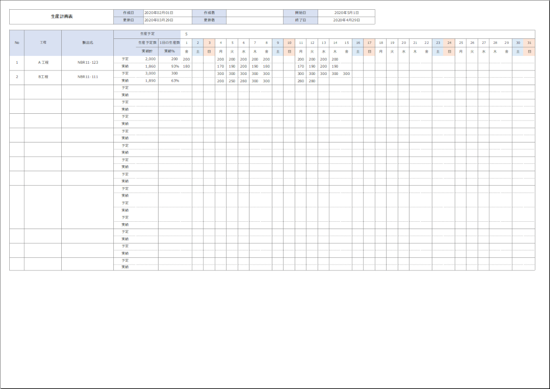 予定と実績を記録できる生産管理表エクセルテンプレート