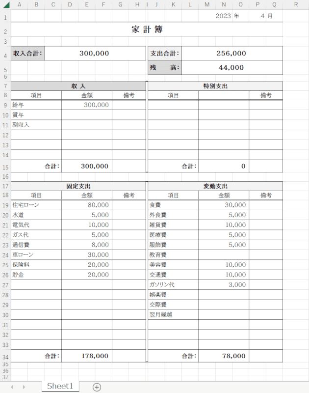 一ヶ月分ごとに記載する家計簿テンプレートの入力例