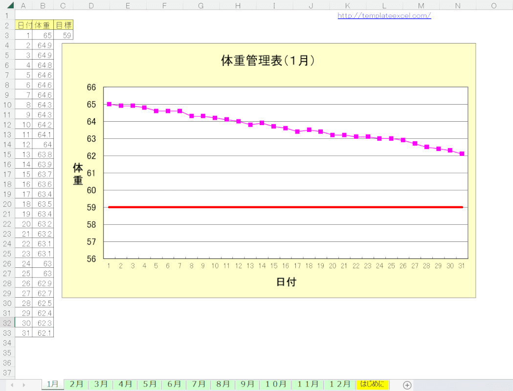 グラフが大きい体重記録表テンプレートの入力例