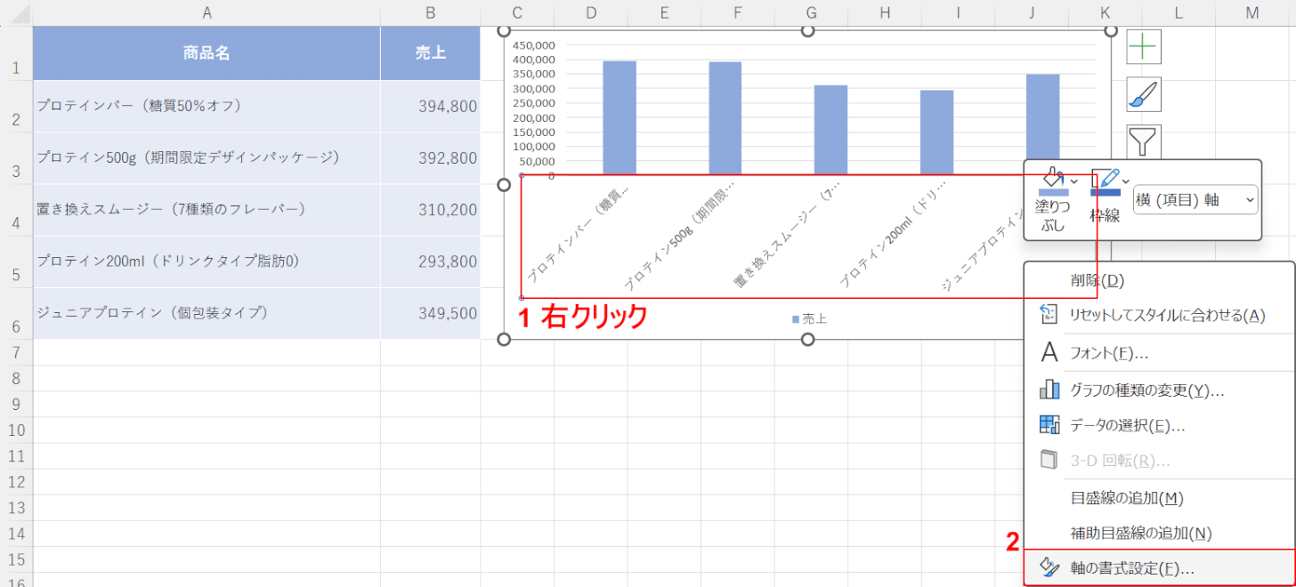 軸の書式設定を選択する