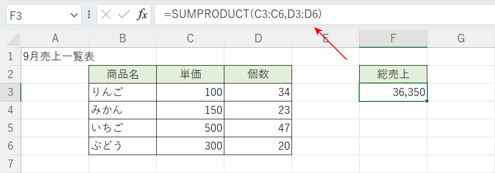SUMPRODUCT関数で掛け算結果を合計する