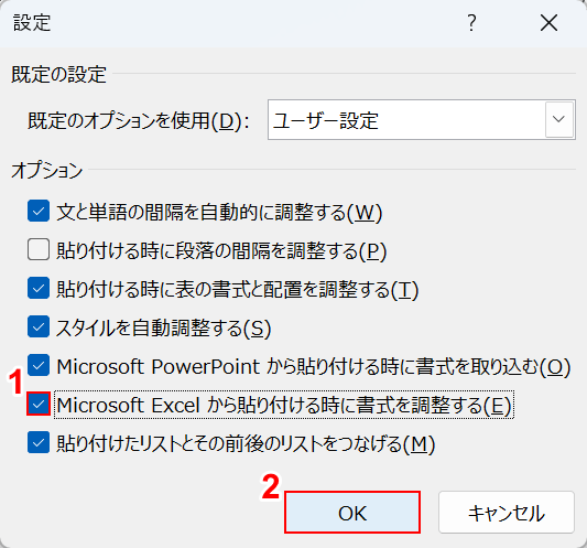 Excelにチェックマークを入れてOKボタンを押す