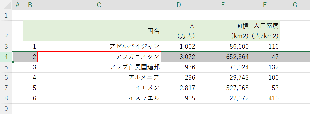 非表示にしたい行を選択する