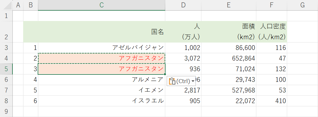 コピーしたセルを貼り付ける