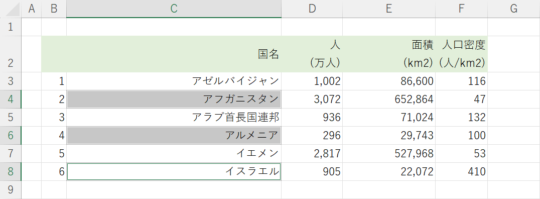 離れたセルを選択できた