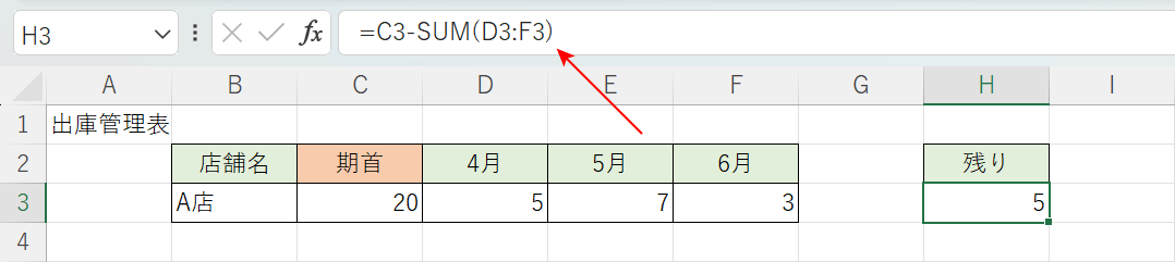 SUM関数を使って引き算する