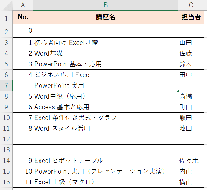 空白行だったセルに入力する