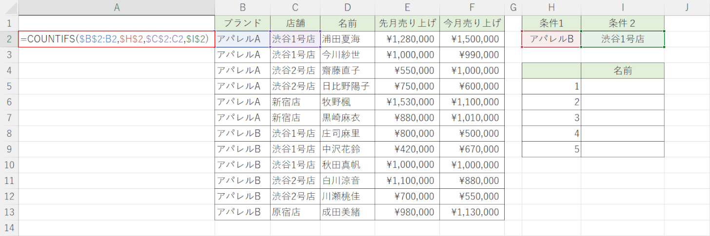 COUNTIFS関数を入力する