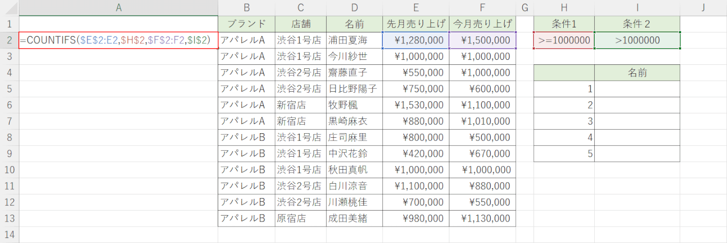 COUNTIFS関数を入力する