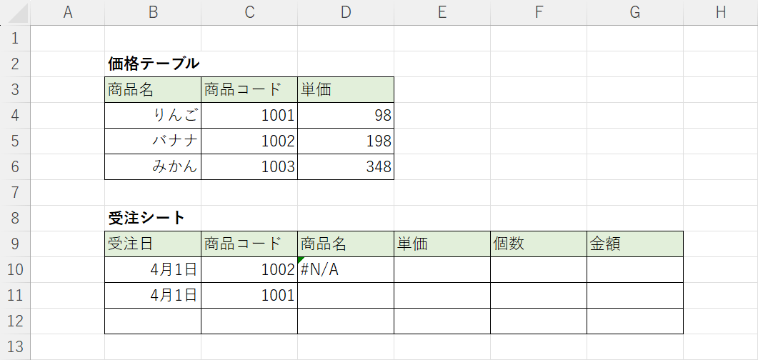 「#N/A」エラーが表示された