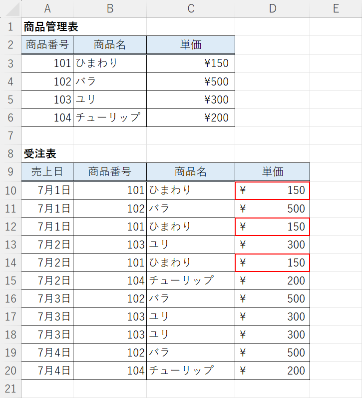 ひまわりの単価をVLOOKUP関数では算出できない